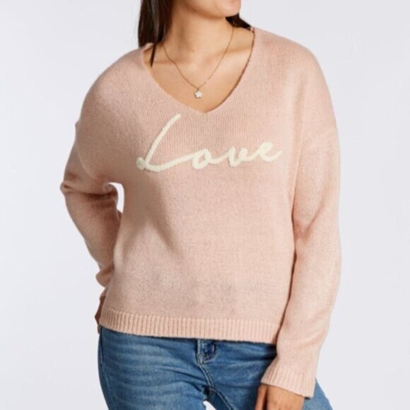 ELAN "Love" V-neck Pullover Knit Sweater Top Light Pink Sz M - Picture 1 of 15
